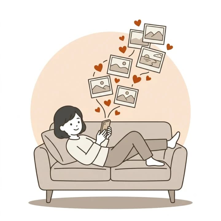 ソファでくつろぎながら、SNSで見つけた場所をハートで保存している人のイラスト