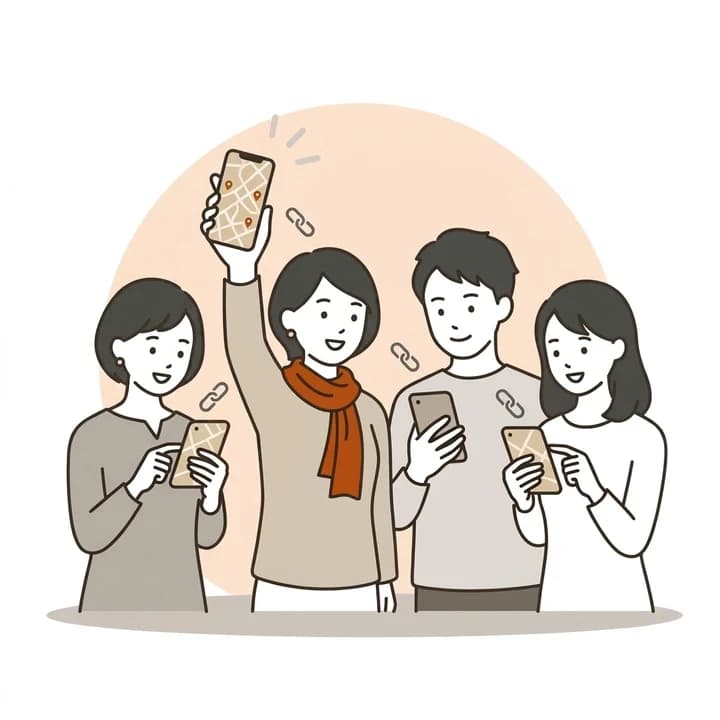 幹事がスマホを掲げて旅程を共有し、仲間がそれぞれのスマホで見ているイラスト