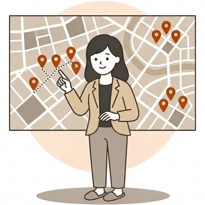 街の地図の前で、ピンを点線で結んで回る順番を考えている人のイラスト